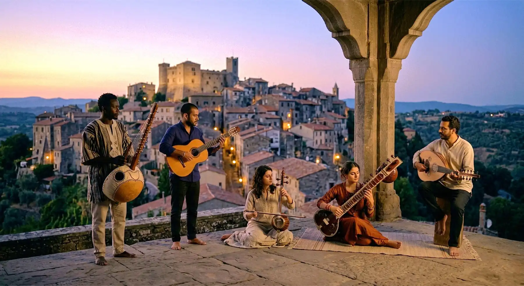 Musicisti da diverse culture suonano insieme ad Arcidosso al tramonto